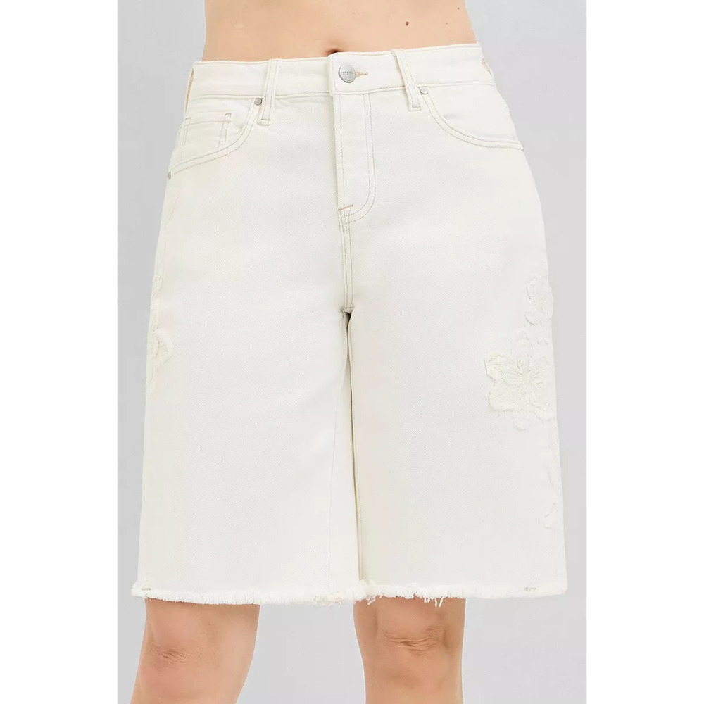 RISEN Slouchy Relaxed Floral Embroidered Bermuda Denim Shorts